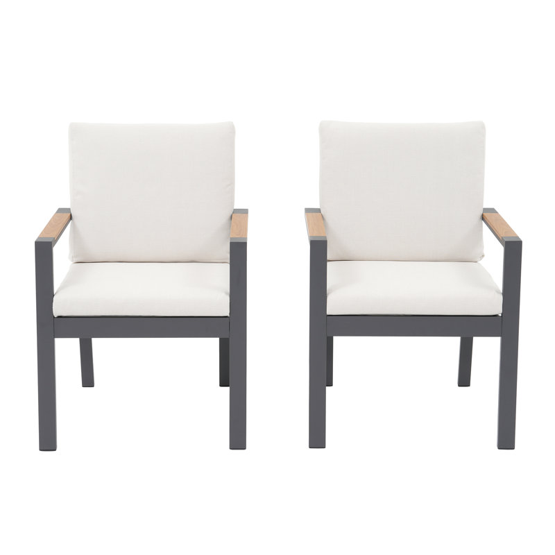 Outdoor Aluminum Patio Dining Chairs With Cushions, White Cushion/Gray Frame
