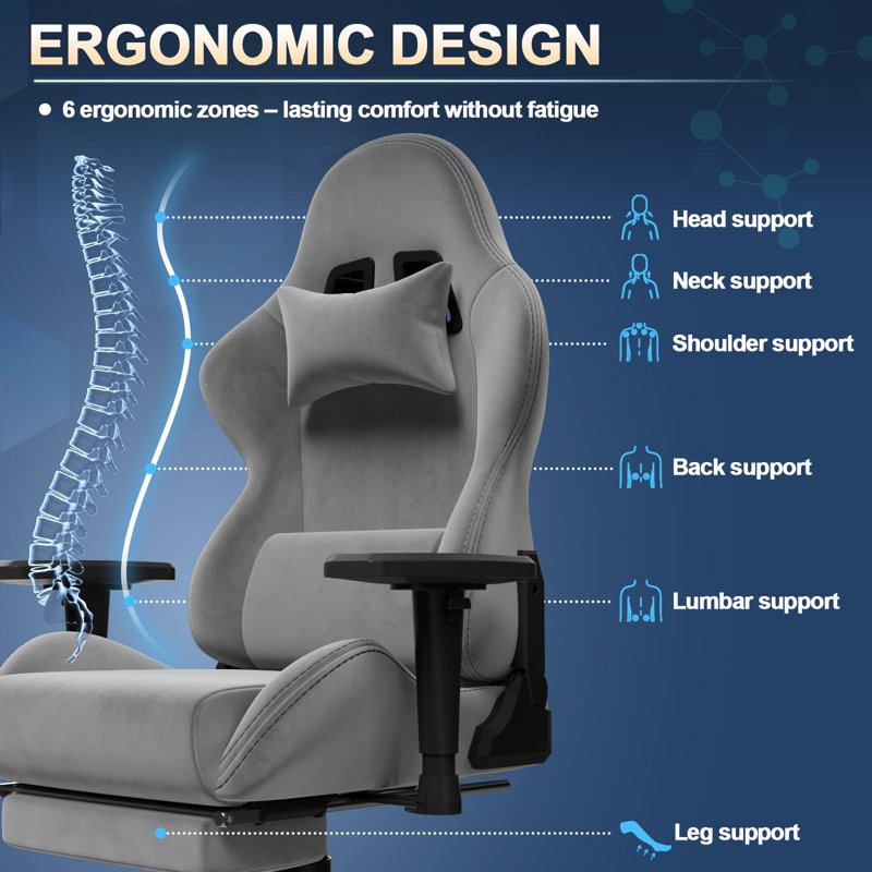 Inbox Zero Adjustable Reclining Ergonomic Swiveling PC & Racing Game Chair, Light Grey
