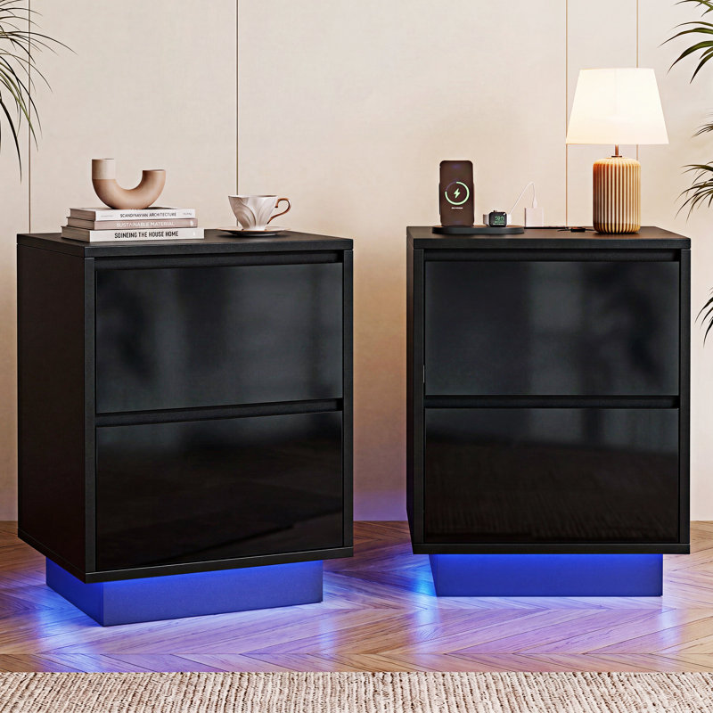 Tables de chevet à DEL noir ultrabrillant avec prises de courant, tables de chevet à 2 tiroirs et table de bout pour la chambre à coucher