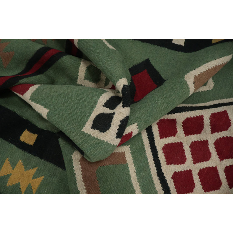 Tapis turc vert à motif géométrique kilim 5 x 10