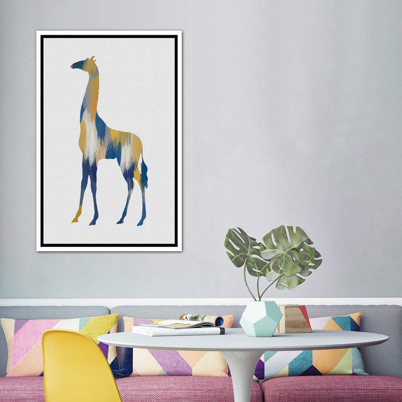 Girafe bleue et jaune - impression, H 60 po x l 40po x P 1,5 po, Toile blanche encadrée