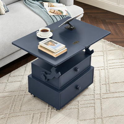 Table de bout roulante à hauteur ajustable laquée ultrabrillante avec station de charge et roues universelles avec freins, table à plateau relevable multifonctionnelle avec tiroirs de rangement pour la chambre à coucher du salon