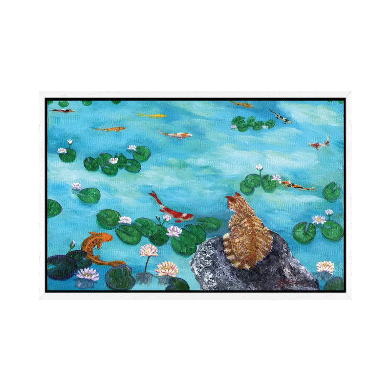 Orange Cat at Koi Pond 1 Piece Painting on Canvas, 45.72cm H x 66.04cm W x 3.81cm D, White Floater Framed