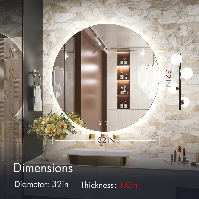 Adorna  Round Frameless Backlit Mirror, LED Bathroom Mirror with Dimmable Brightness, Anti-fog Function, 50000h Lifetime, Shatterproof Film