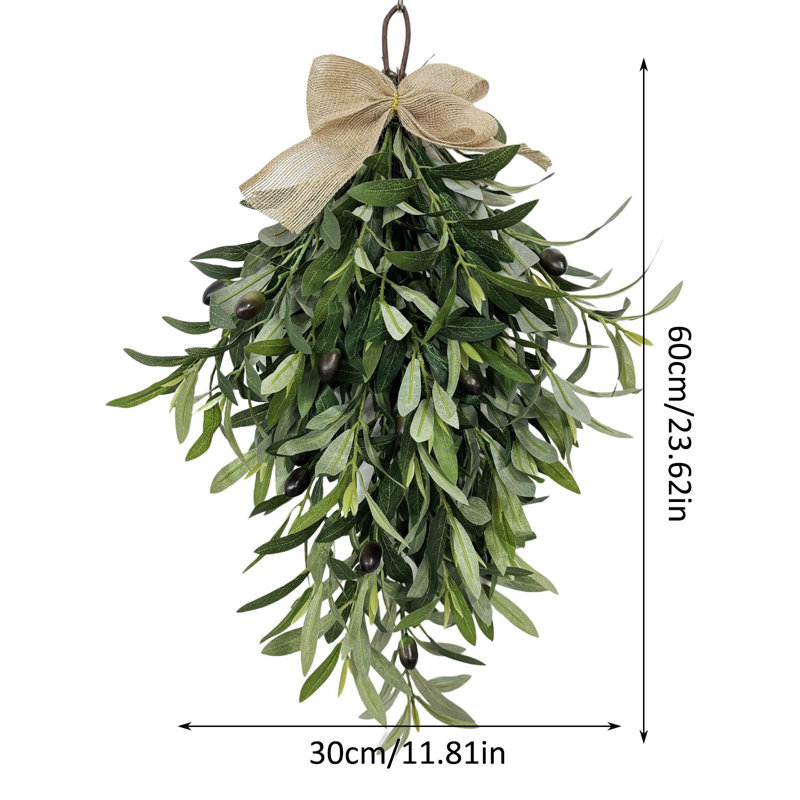 Spring Summer Farmhouse Style Artificial Olive Leaf Wreath, 60Cm/23.62In Teardrop Seasonal Welcome Garland With Burlap Bow For Outdoor Garden Yard Wall Hanging Decorative Swags