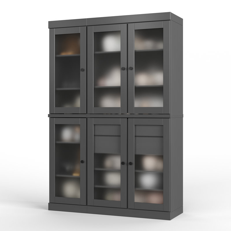 100% Solid Wood 48.5" Pantry Cabinet with Frosted Glass Doors, 2-Drawers and Adjustable Shelves, Gray