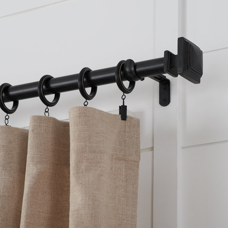 Black Steel Adjustable Curtain Rod with Square Finials, 36"-72"