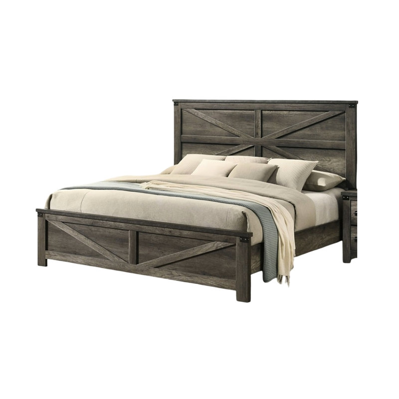 Rustic Gray Queen Bed Frame With Rubberwood And Engineered Wood, Headboard, Contemporary Bedroom Decor Size In Color, Metal Construction, Modern Accent