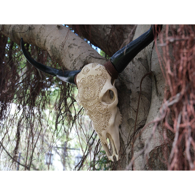 Maryona Bone-Inspired Bull Head Hanging Ornament in Resin Craft, Black;Ivory