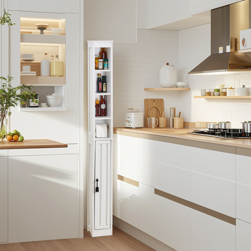 Bathroom Tall Cabinet With Adjustable Shelves, Narrow Storage Cabinet With Toilet Paper Scroll For Bathroom, Freestanding Bathroom Storage Cabinet with Magnetic Door, White