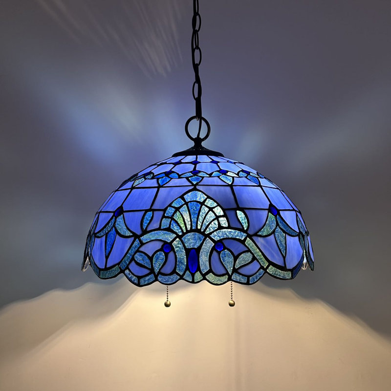 Blue Stained Glass Baroque Style Bronze LED Pendant Light