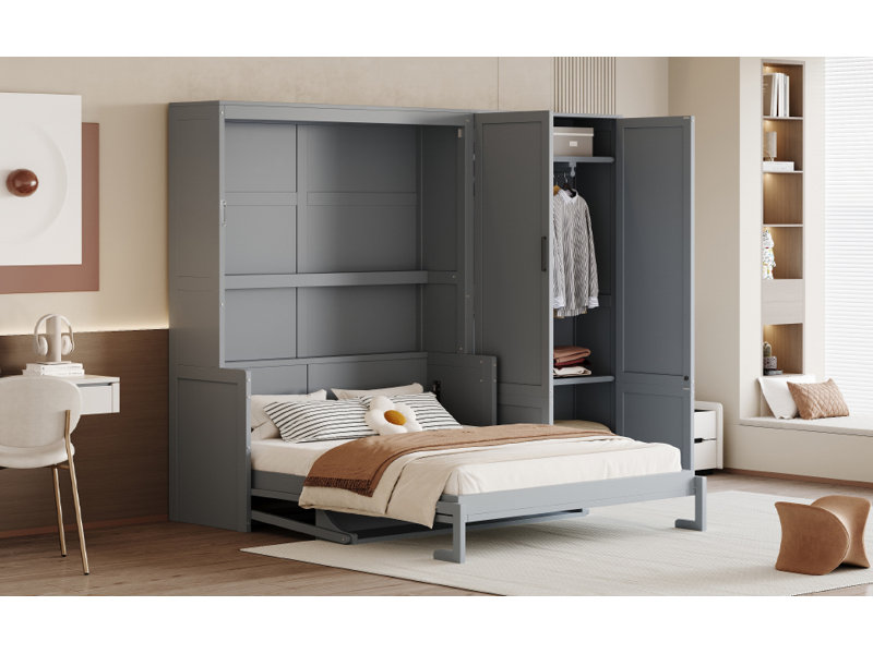 Grand lit escamotable mural avec placard, gris