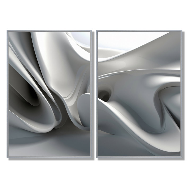 «White Black Contemplative Abstraction - Abstract Modern Waves», impression sur toile abstraite blanche, 2 pièces