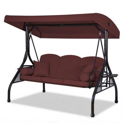 3-Seat Outdoor Porch Swing with Adjustable Canopy, 2 in 1 Convertible Patio Swing Bed, Patio Glider Swing for Backyard, Red