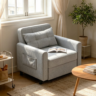 3-in-1 Convertible Pull Out Sleeper Chair, Adjustable Backrest 100°-180° Upholstered Single Sofa Bed with Side Pocket & Casters,Linen Accent Chair for Living Room Guest Room