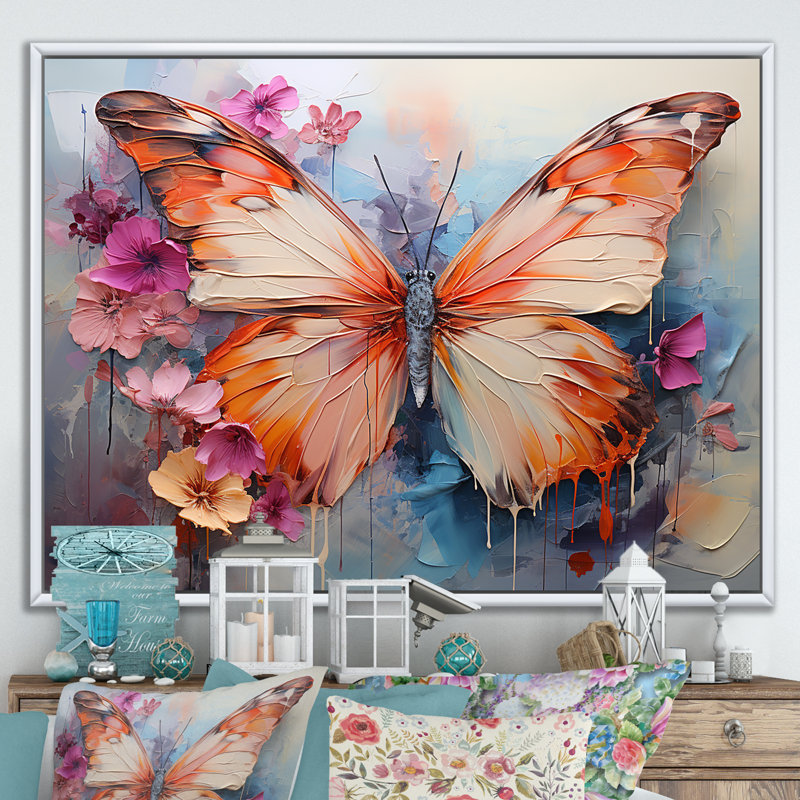 Papillon abstrait auras - art mural papillon, H 16 po x l 32 po x P 1 po, Cadre flottant blanc