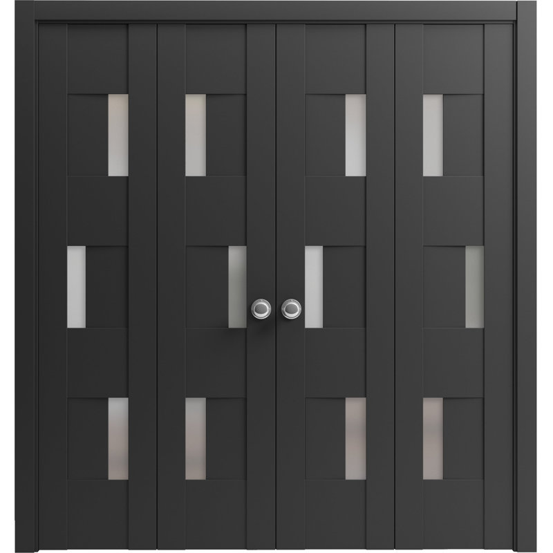 Ensemble de portes coulissantes pliantes doubles pour placard 72 x 80 (4 x 18 x 80) 6933 Noir mat avec verre dépoli, rails robustes, moulures, garnitures, quincaillerie, portes de placard en bois massif pour chambre à coucher