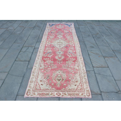 Vintage Turkish Runner Rug in Pink with Tassels - Authentic Anatolian Wool Rug for Corridors