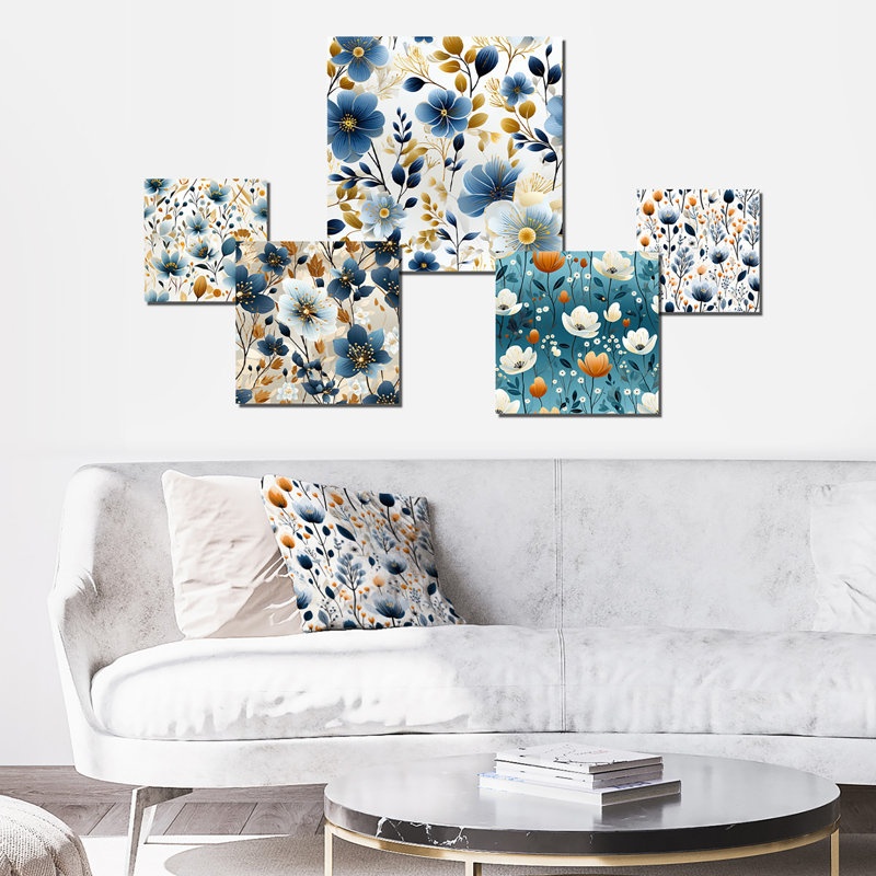 Motif floral de prairie bleue - ensemble d'art mural floral de 5