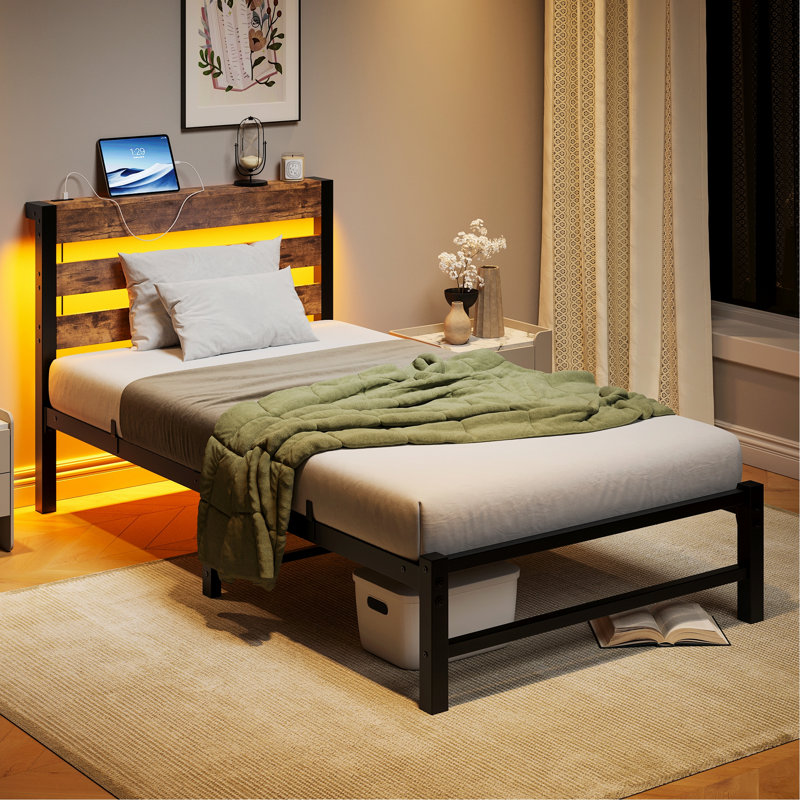 Base de lit simple Structure de lit plateforme robuste avec tête de lit, station de charge USB, lit à DEL, sommier sans sommier, sommier à lattes en acier robuste