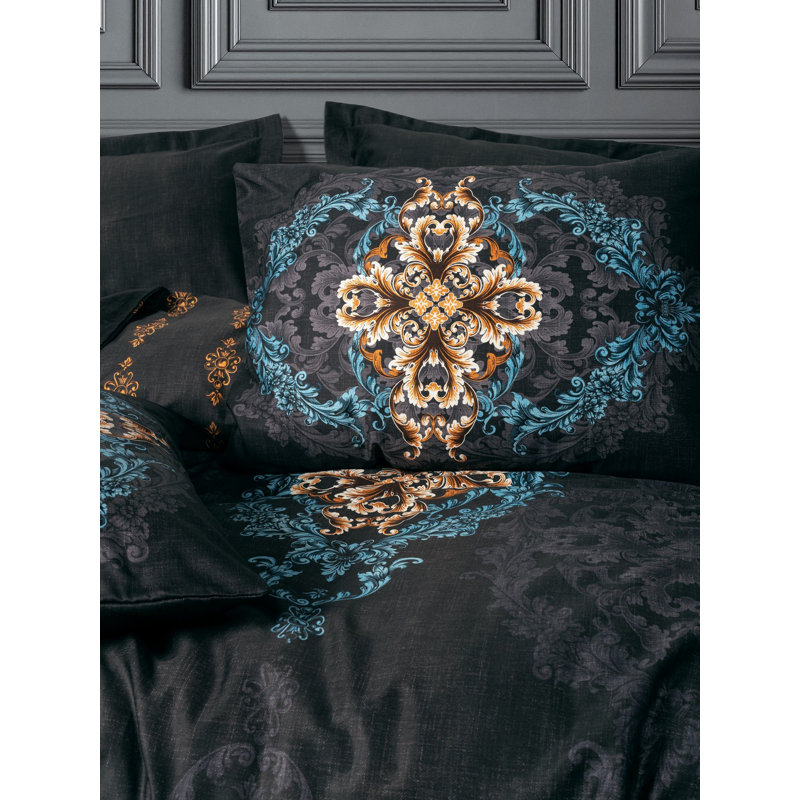 Luxurious Satin Quilt Cover Set, Black, 78.7 x 86.6 inches | 100% Cotton Satin, 300 Thread Count | Includes 2 Pillowcases & 2 Oxford Pillowcases | Digital Printing, Machine Washable, Elegant Design