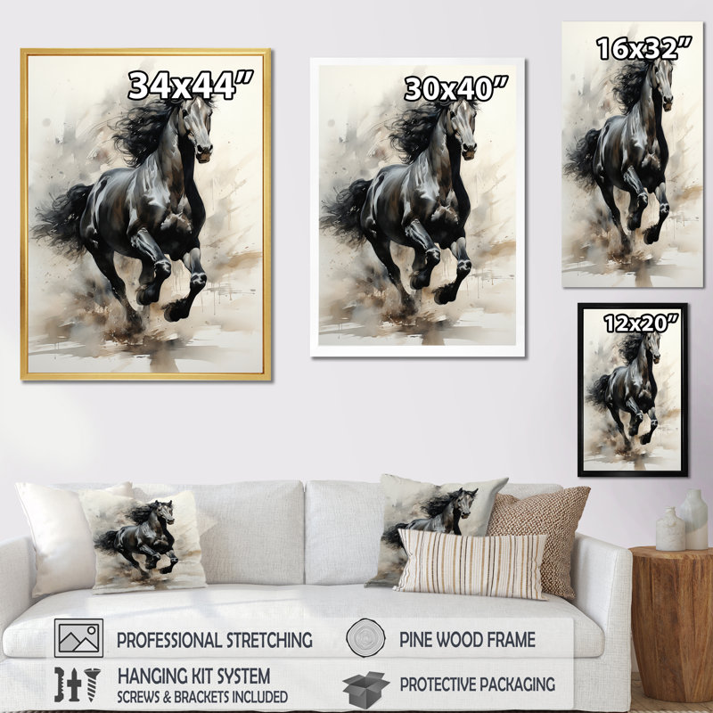 «Black Horse» - Impression, Cadre flottant doré, H 44 po x l 34 po x P 1,5 po
