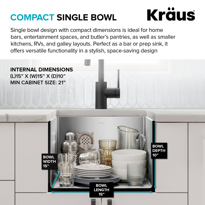 KRAUS Standart Pro Undermount 16 Gauge Stainless Steel Bar Kitchen Sink, 10" H x 17" W x 17" L, Single Bowl