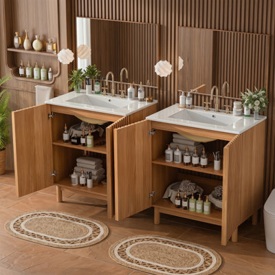 59.8‑inch Traditional American Bathroom Vanity, Mdf Cabinet With Ceramic Sink, Wooden Legs, Soft‑close Doors & Adjustable U‑shaped Shelf