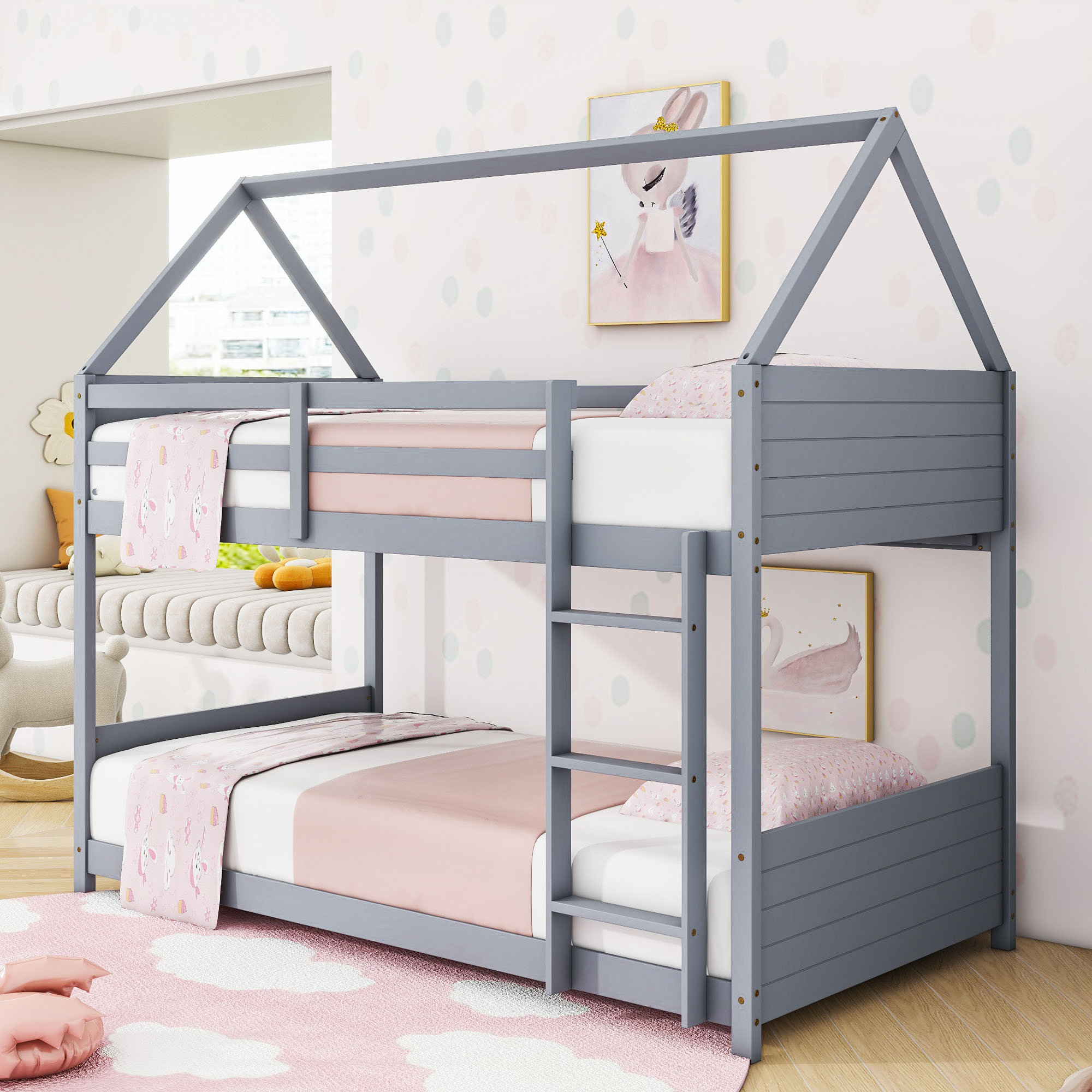 Harper Orchard Twin Over Twin Wood House Floor Bunk Bed - Wayfair Canada
