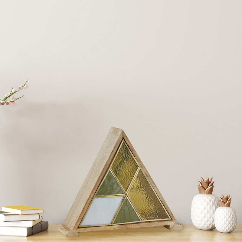 11"H Stained Glass Triangle Shade Wood Base Accent Lamp, Gold