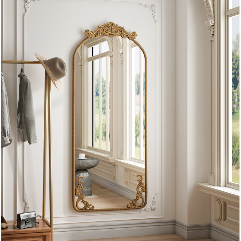 58"x24" Arched Full Body Mirror with Vintage Ornate Carved Applique on Top and Bottom, Hanging Wall Mounted Mirror, for Living Room Bedroom Retro Home Decor Mirror, Bronze