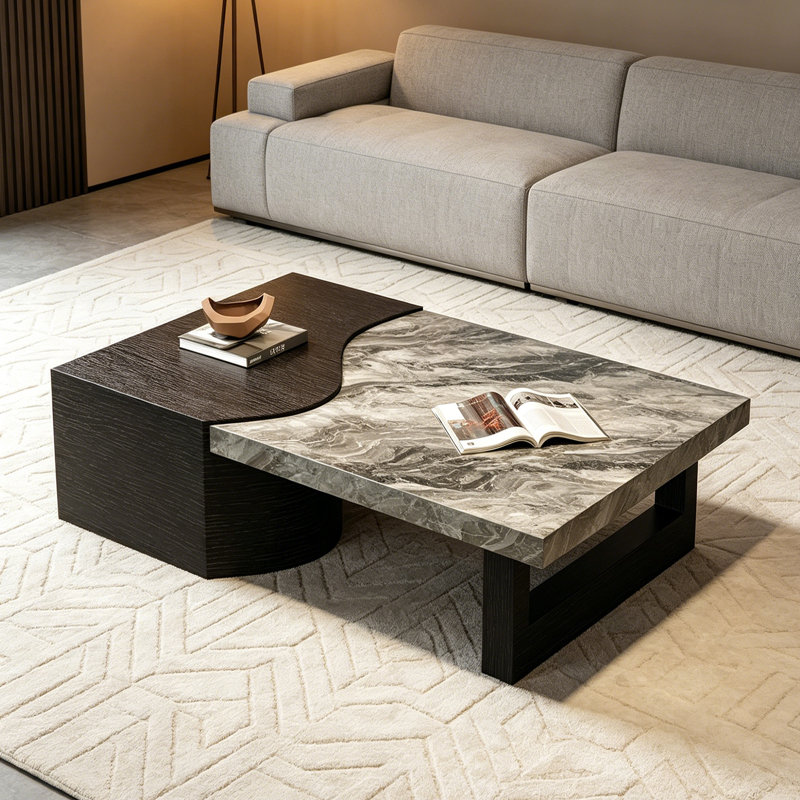 Table basse haut de gamme en ardoise minimaliste moderne, Black/Gray, 14.96" H x 59.05" L x 31.49" W