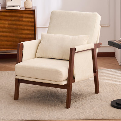  Accent Chair Mid-Century Modern Chair with Lumbar Support Pillow, Upholstered Living Room Chairs with Wooden, Chenille Armchair with Cushion, Comfy Side Chair for Bedroom, Balcony
