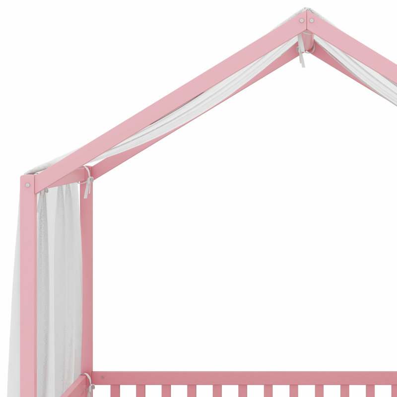 Lit de plancher avec auvent, cadre de lit en forme de maison avec balustrades hautes, Lit simple, Rose
