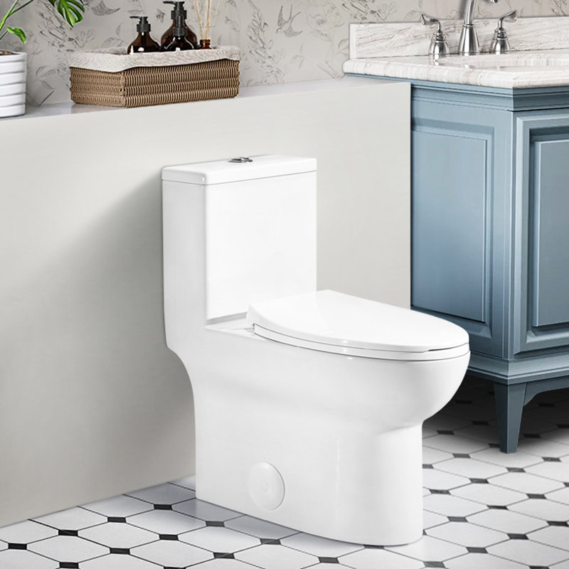 One Floor Mounted Toilet, 1.1/1.6 , Elongated, Comfort Height, Ceramic, White, Soft Close Seat, & Height