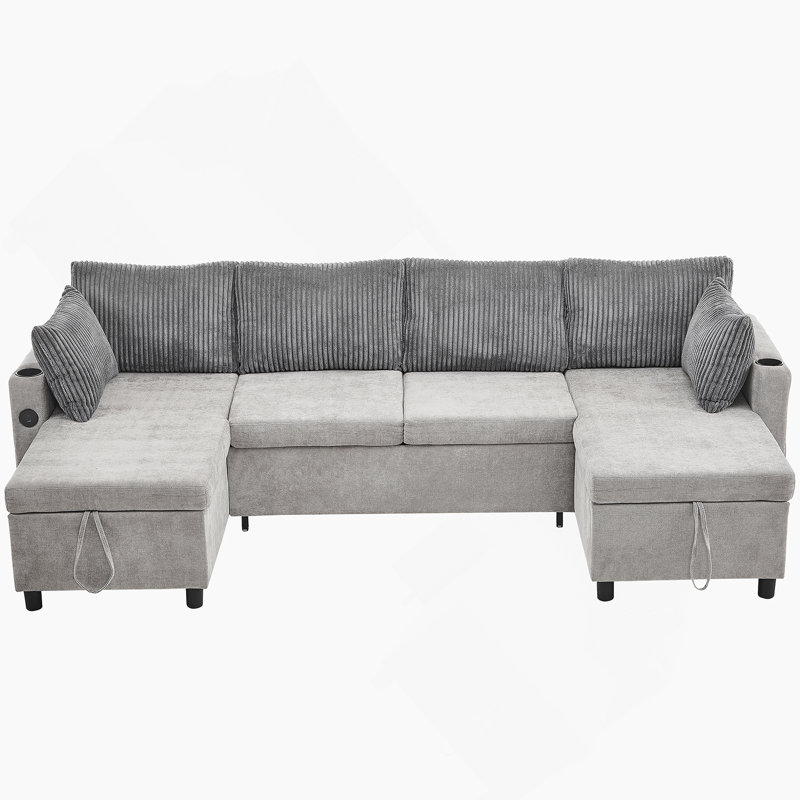 Canapé-lit modulaire de 113,4 po avec canapé-lit polyvalent avec grand espace de rangement, deux ports USB et deux porte-gobelets pour le salon, gris