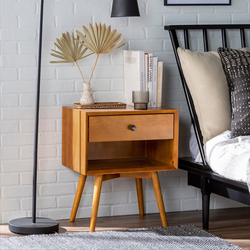 Mid-Century Solid Wood 1-Drawer Nightstand