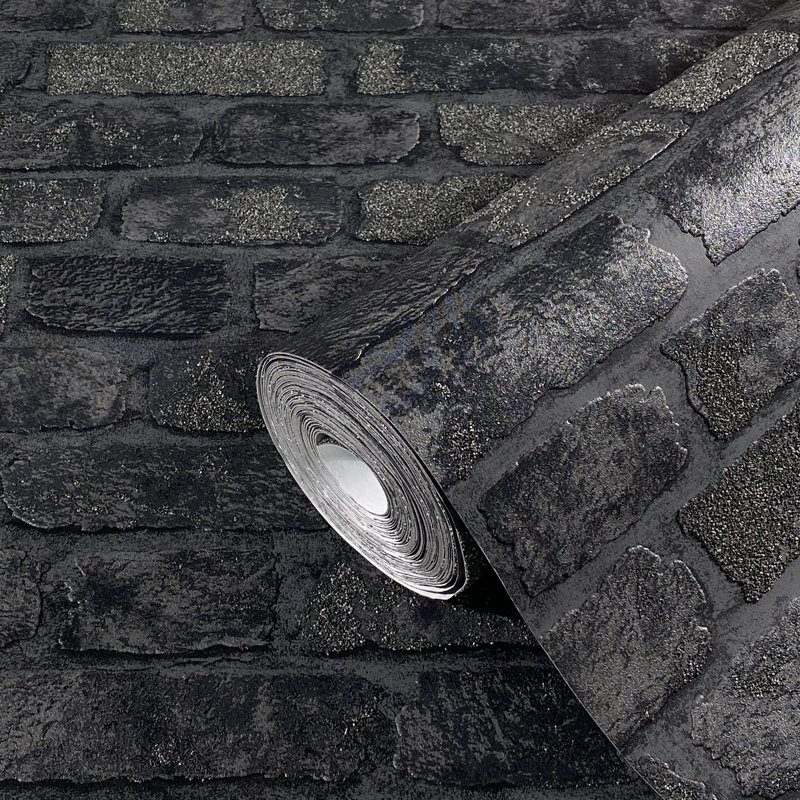 Ninti Industrial Effects Glass Stone Brick Effect Wallpaper Roll 10.05m x 53cm, Black