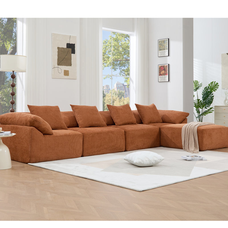142" L Shaped Sectional , Chenille, Orange, 5 Piece Couch, -combined For Customizable Seating Couch In Piece, Chenille Upholstery, No Leg Design, Spacious