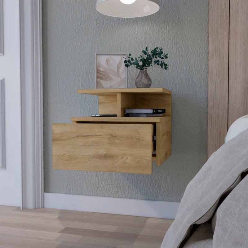 Floating Nightstand With 2-Tier Shelf And 1-Drawer, Beige