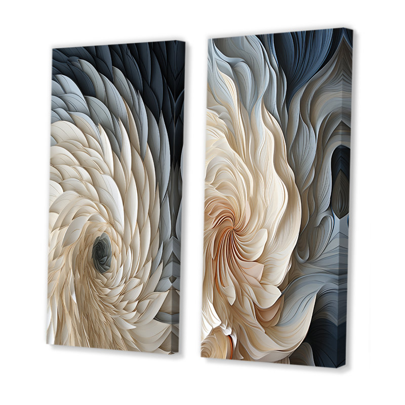 Plume blanche et bleue en spirale I - ensemble de 2 décorations murales géométriques abstraites, H 28 po x l 25 po