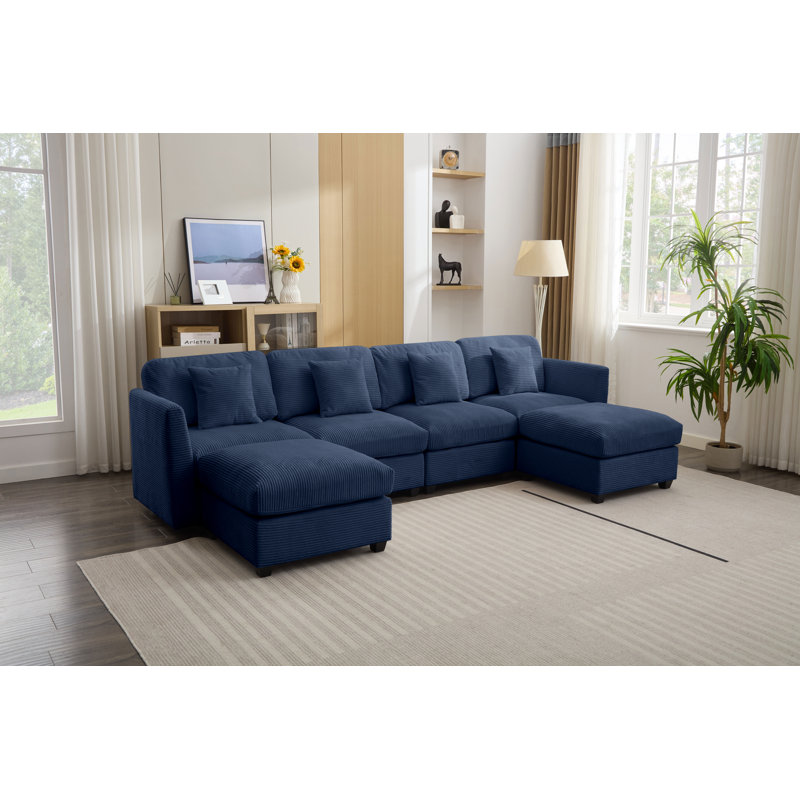 Canapé modulaire en velours côtelé 6 pièces avec 2 repose-pieds et coussins pour accoudoirs, canapé convertible en forme de U / L, tissu adapté aux animaux de compagnie