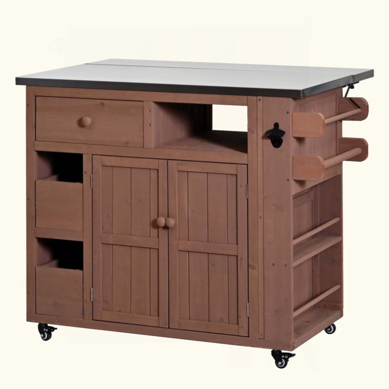 Îlot de cuisine d'extérieur en bois massif d'extérieur, table de gril supérieure en acier inoxydable avec support à épices latéral, chariot de cuisine avec tiroirs, armoire de rangement pour la cour arrière, barbecue, fête