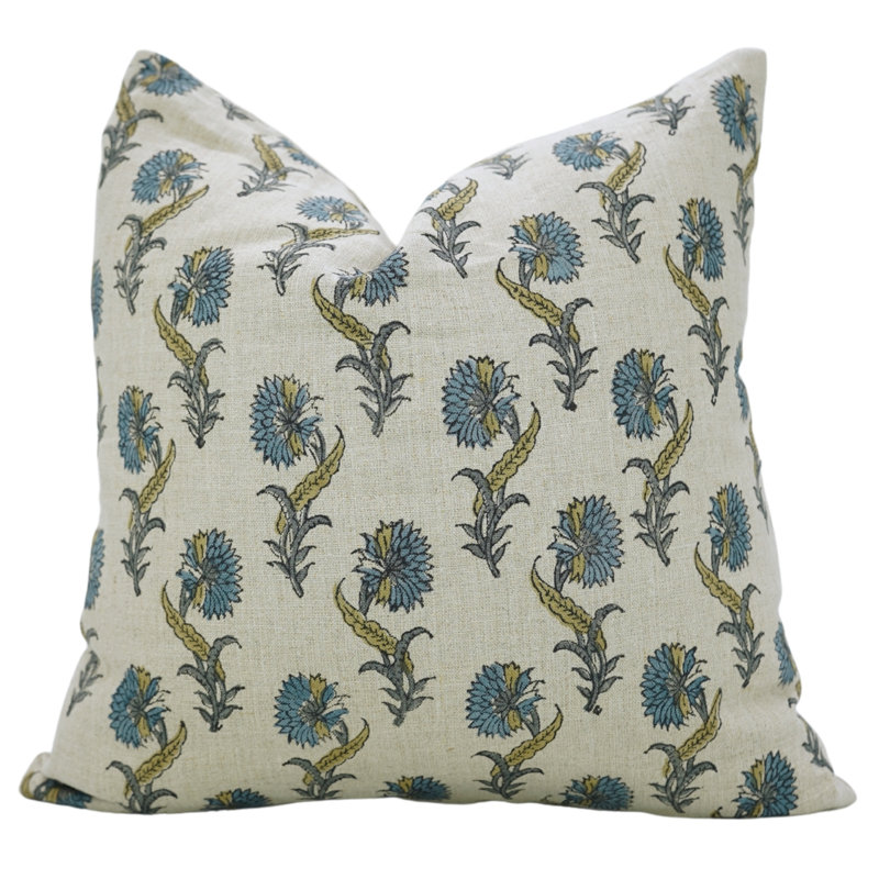 Housse de coussin fabriquée à la main de style fabcline par Fab Fabine, jonquille, bleu, Carré 26 po