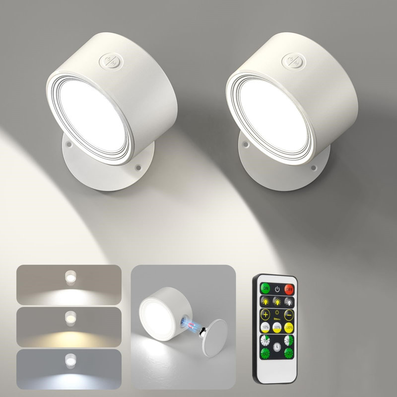 LED Wall Light Rechargeable Battery Operated With Remote, Magnetic Rotation,2 Pcs, White