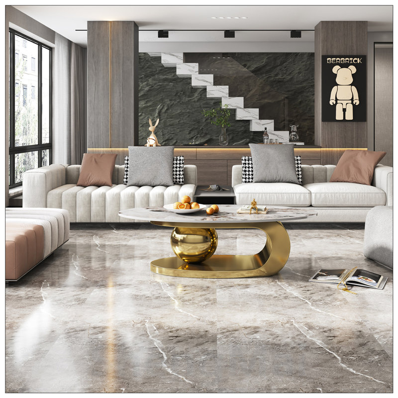 Table basse ovale en faux marbre avec base en acier inoxydable, durable et élégante pour les salons modernes, Gris blanc / or