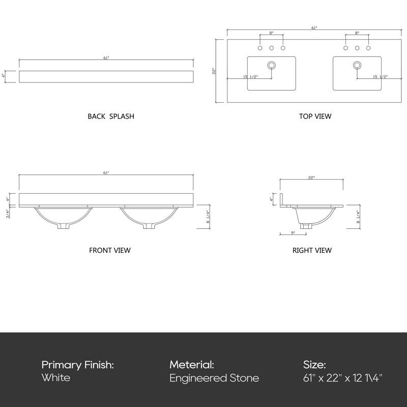 49'' White Engineered Stone Bathroom Vanity Top with Ceramic Sink