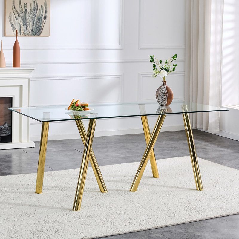 Table de salle à manger en verre trempé 71 pouces avec pieds en métal robustes, Doré