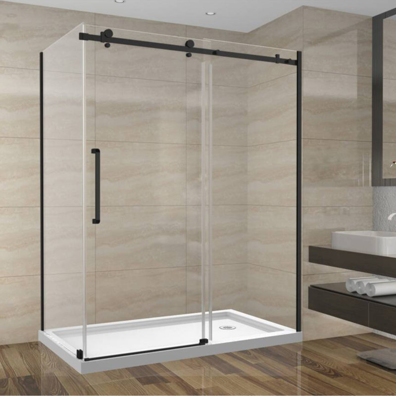 Porte de douche coulissante réversible de 60 po x l 32 po x H 75 po x 10 mm Sera avec quincaillerie carrée en or brossé et panneau latéral 32 po