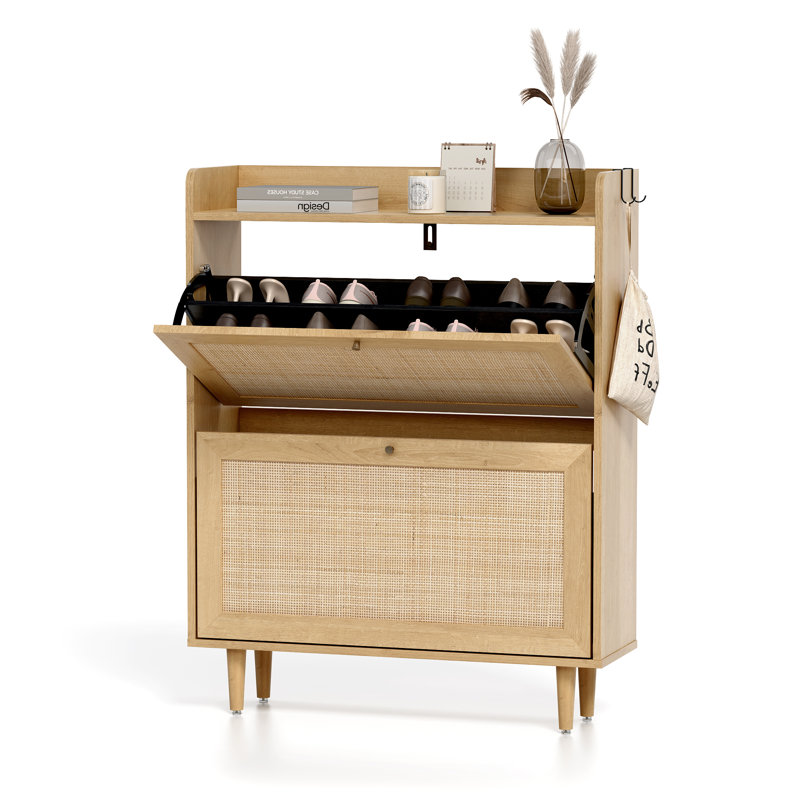 Rattan Shoe Cabinet With 2 Flip Drawers